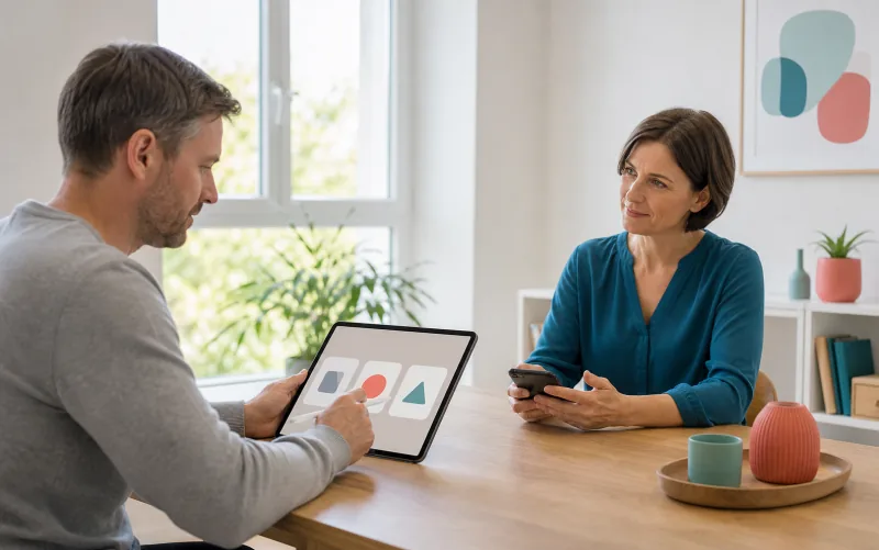 Ein erwachsener Klient arbeitet am Tablet, während eine Therapeutin die Sitzung per Smartphone begleitet.
